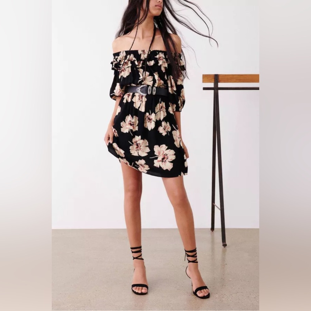 ba&sh Kiara off the shoulder black floral dress - size 3/L